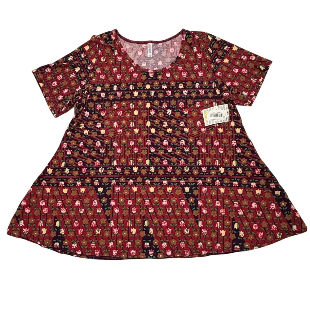 LuLaRoe Womens Top Size 3XL Perfect T Red Floral Short Sleeve Tunic NWT USA